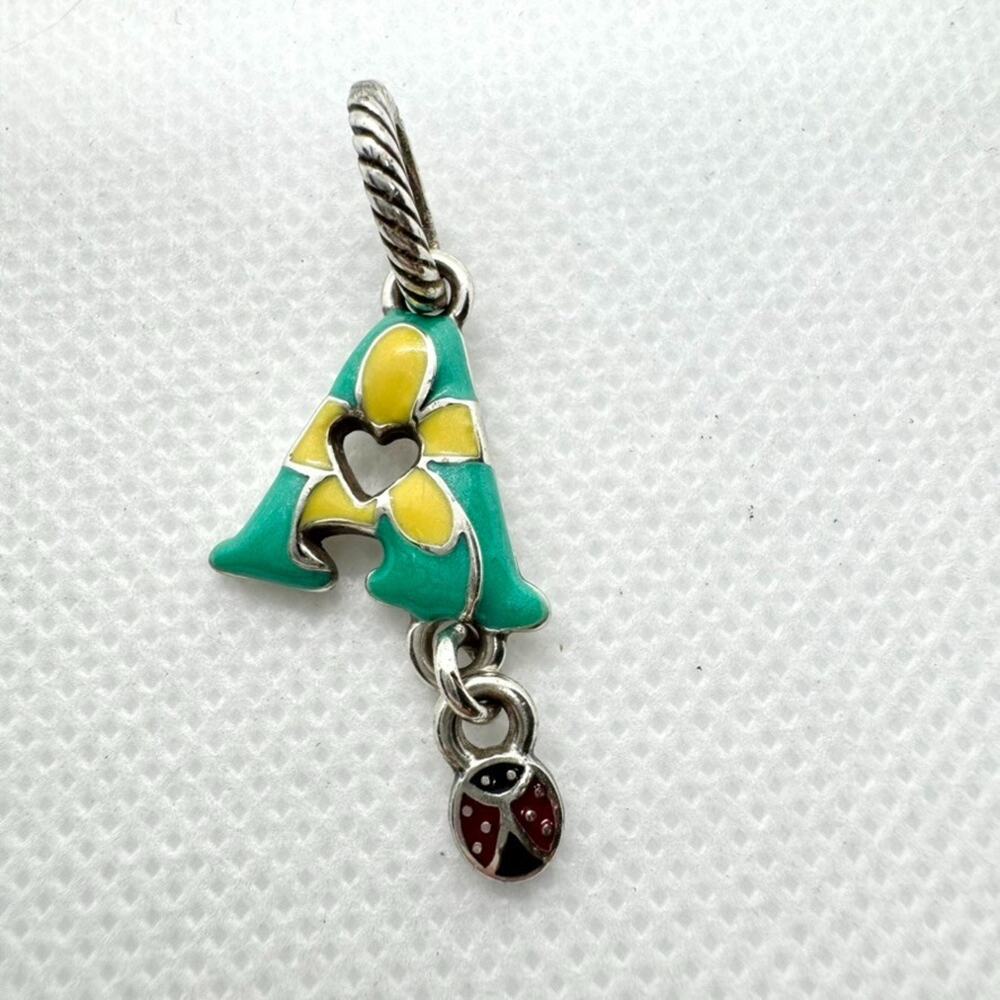 Brighton ABC Initial Letter Charm "A" Green Yellow Enamel Silver Lady Bug Dangle